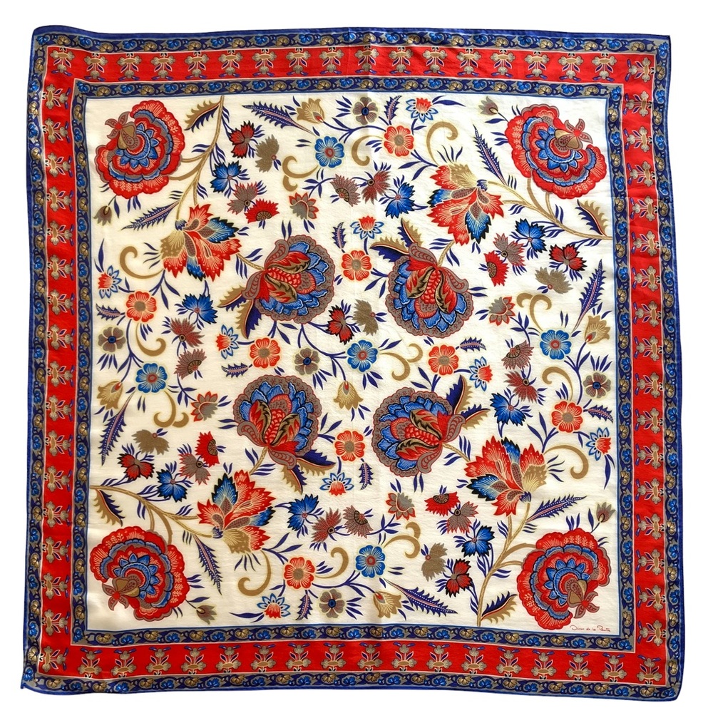 Vintage Oscar De La Renta Silk Scarf Classic Floral Japan Hand Rolled Signed